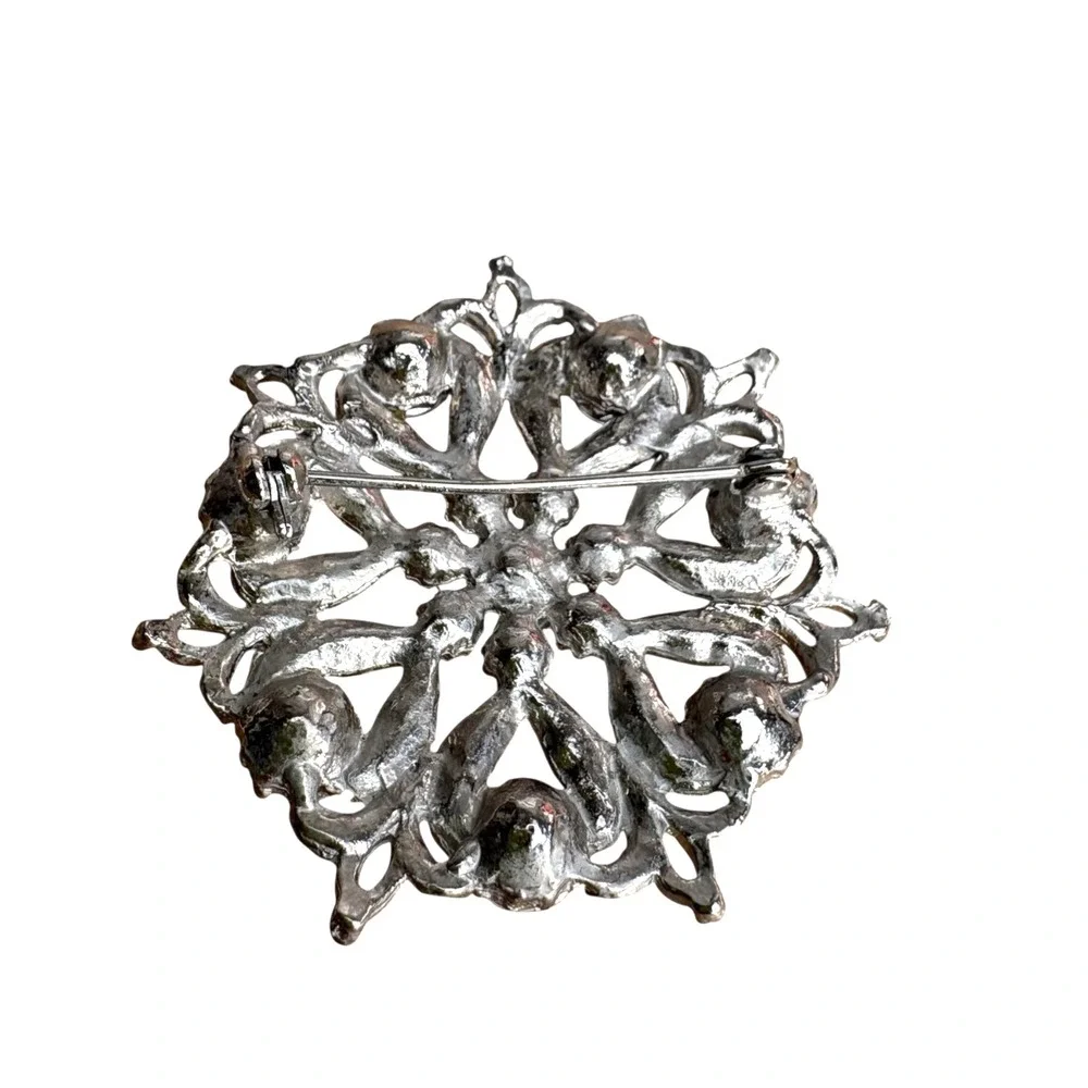 Vintage Rhinestone Floral Brooch‎ Mid-Century Starburst Silver Toned Blue Green